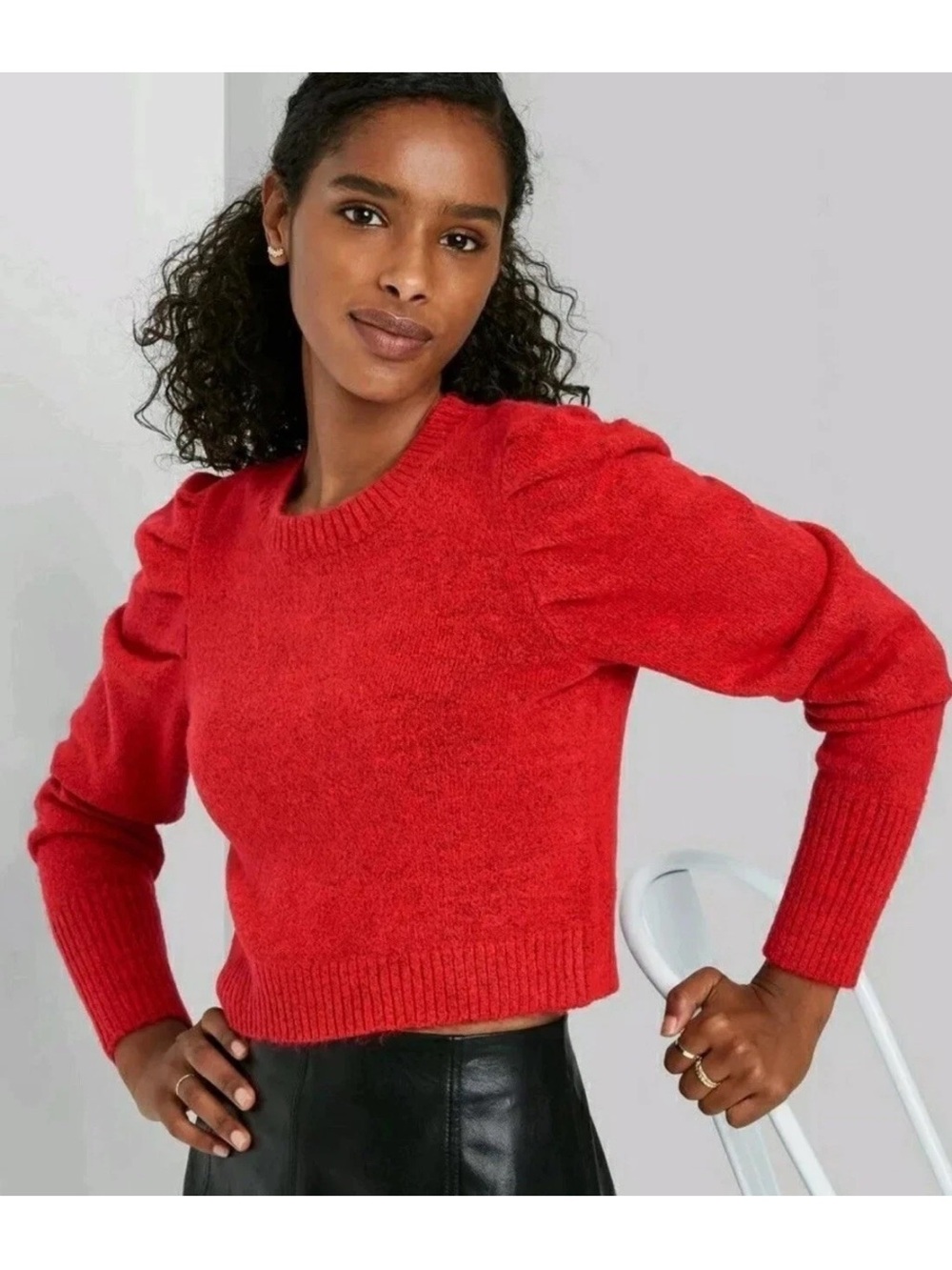 wild fable Red Puff-Sleeve Crewneck Sweater Large